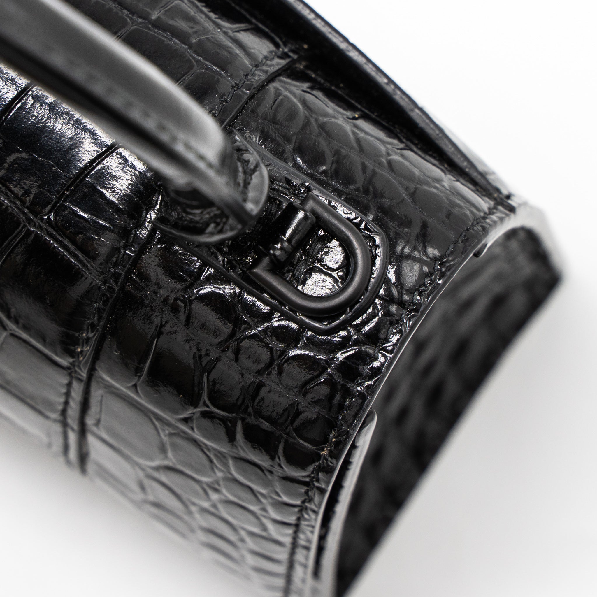 BALENCIAGA HOURGLASS XS CROC-EMBOSSED CALFSKIN SO BLACK