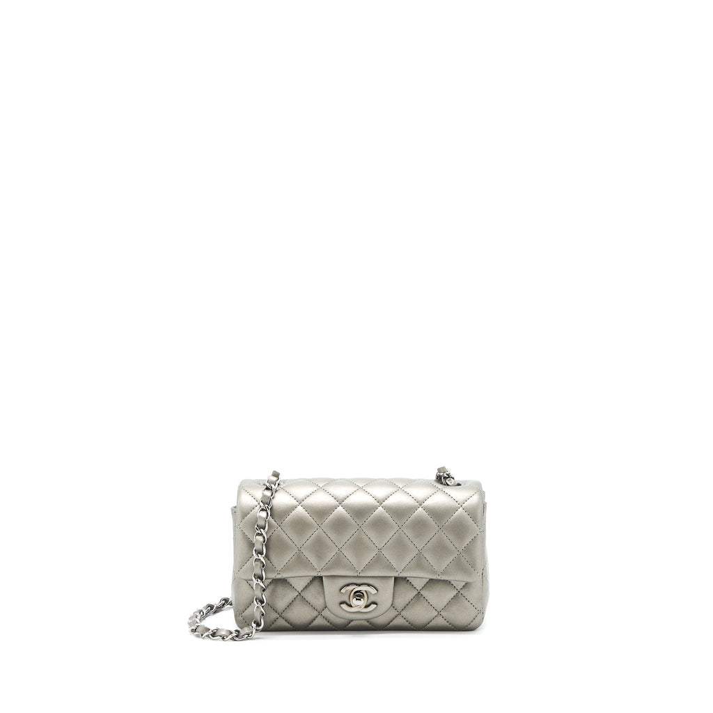CHANEL 21B MINI RECTANGULAR FLAP BAG CALFSKIN METALLIC SILVER WITH SHINY RUTHENIUM HARDWARE (MICROCHIP)