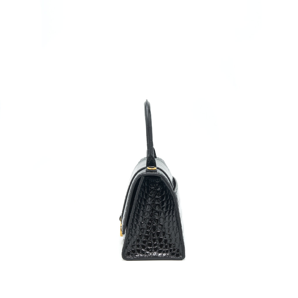 BALENCIAGA HOURGLASS S CROC EMBOSSED LEATHER HANDBAG BLACK GHW