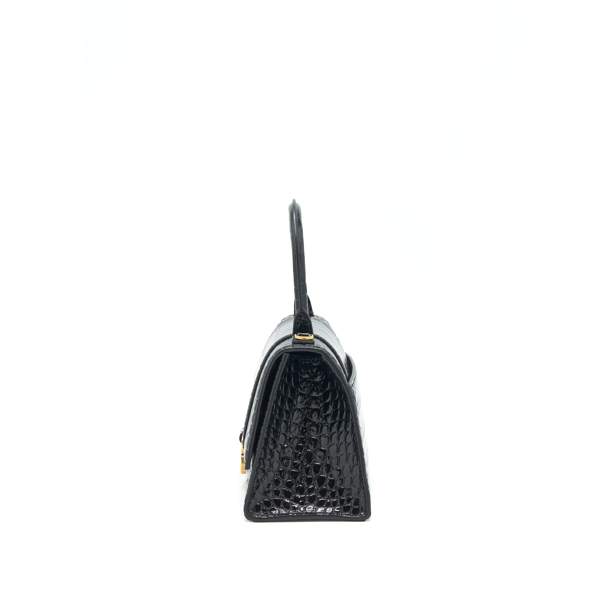 BALENCIAGA HOURGLASS S CROC EMBOSSED LEATHER HANDBAG BLACK GHW