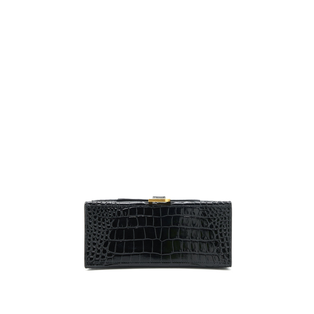 BALENCIAGA HOURGLASS S CROC EMBOSSED LEATHER HANDBAG BLACK GHW