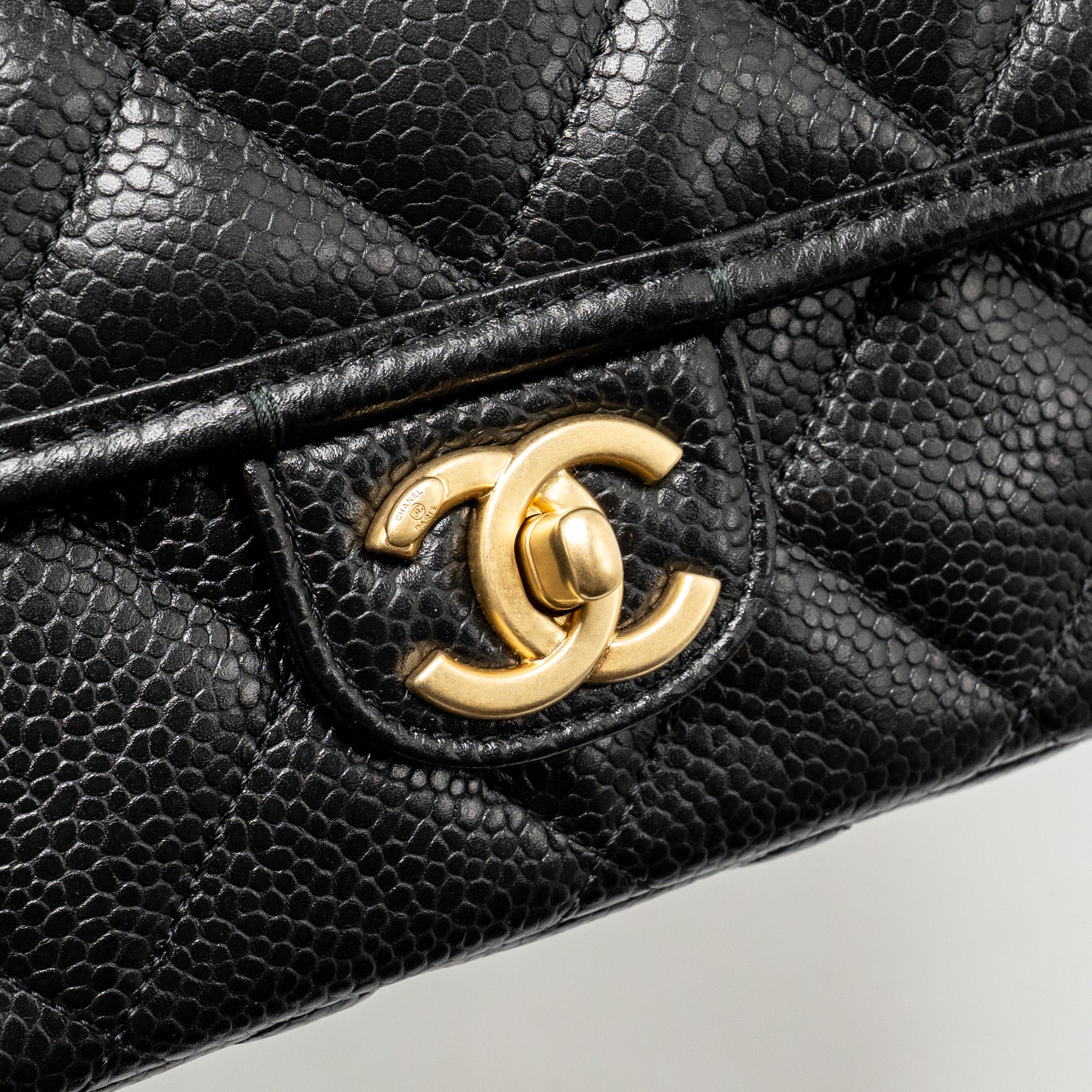 CHANEL TOP HANDLE QUILTED CC FLAP BAG GRAINED SHINY CALFSKIN BLACK GHW (MICROCHIP)