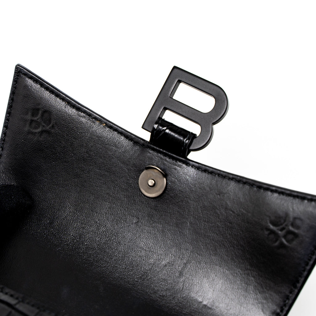 BALENCIAGA HOURGLASS XS CROC-EMBOSSED CALFSKIN SO BLACK