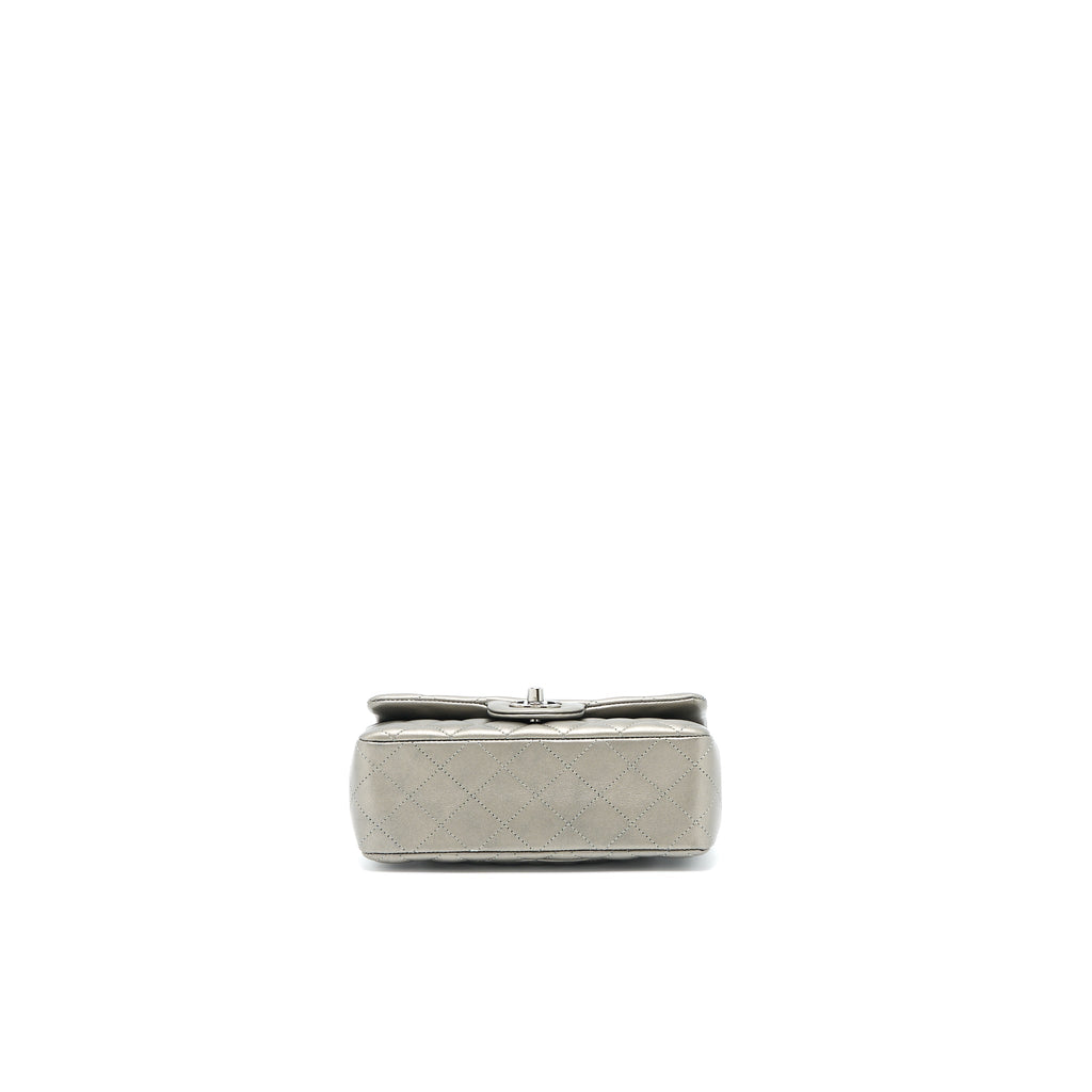 CHANEL 21B MINI RECTANGULAR FLAP BAG CALFSKIN METALLIC SILVER WITH SHINY RUTHENIUM HARDWARE (MICROCHIP)