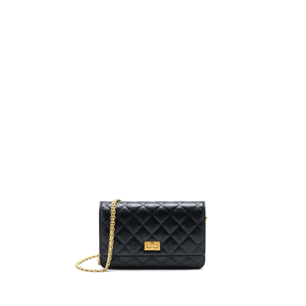 CHANEL 2.55 REISSUE WALLET ON CHAIN AGED CALFSKIN BLACK BRUSHED GHW (MICROCHIP)