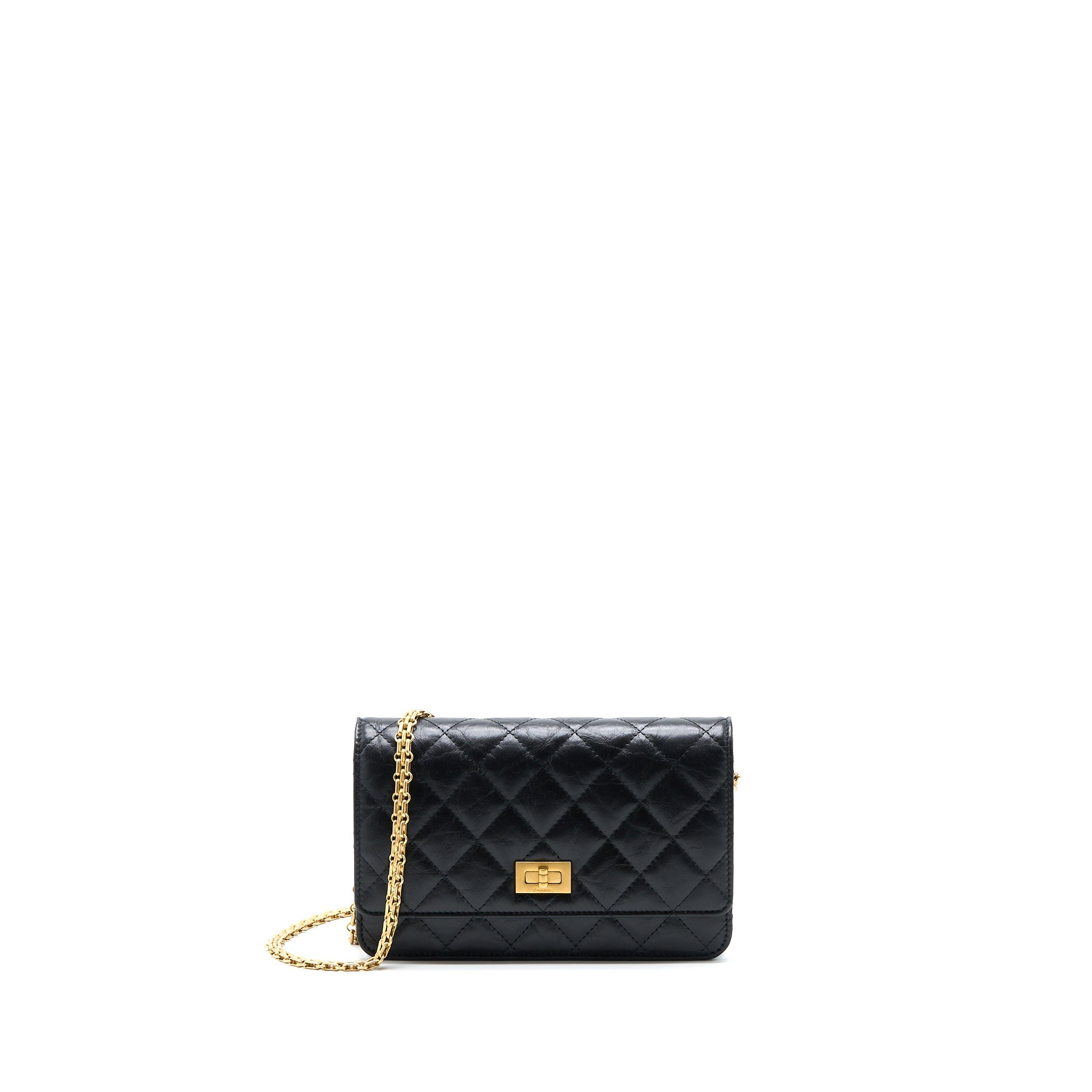 CHANEL 2.55 REISSUE WALLET ON CHAIN AGED CALFSKIN BLACK BRUSHED GHW (MICROCHIP)