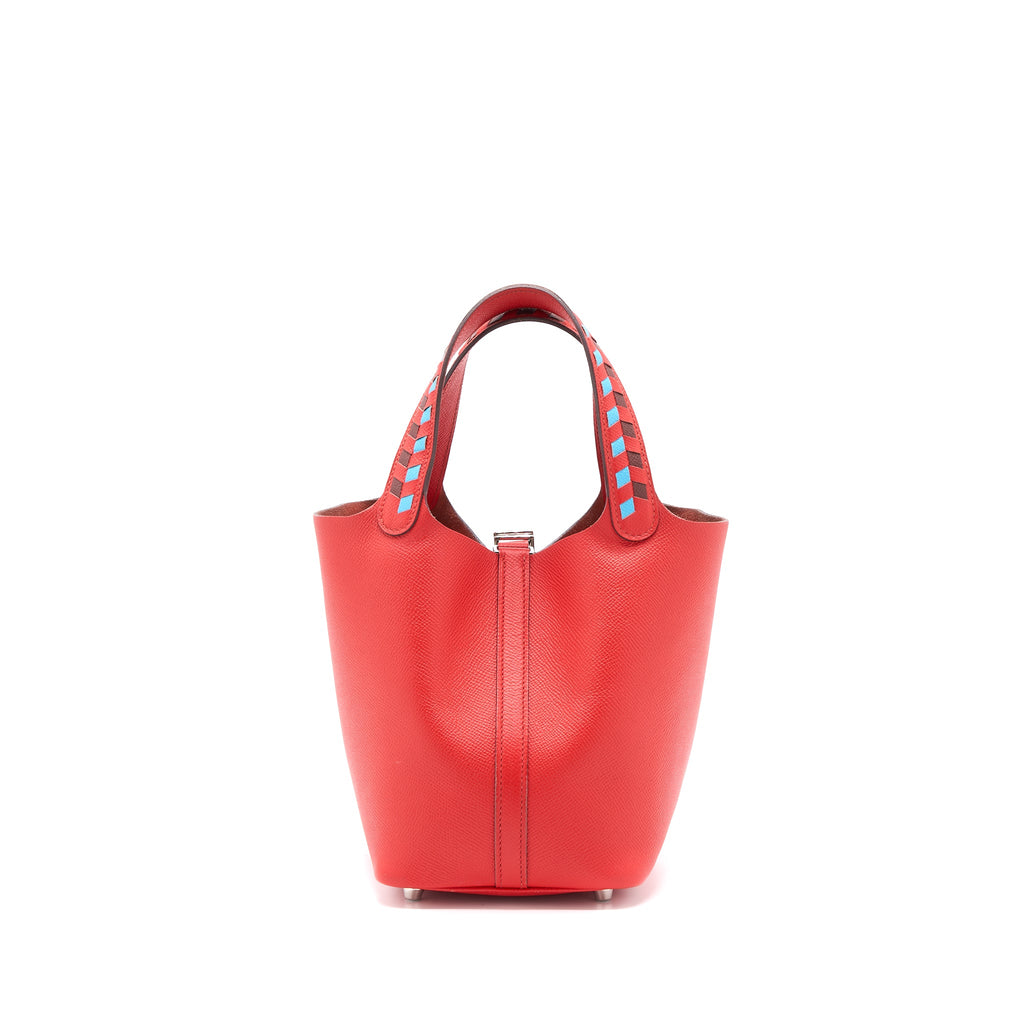 HERMES PICOTIN 18 LOCK BAG EPSOM RED WITH MULTI COLOUR HANDLE SHW