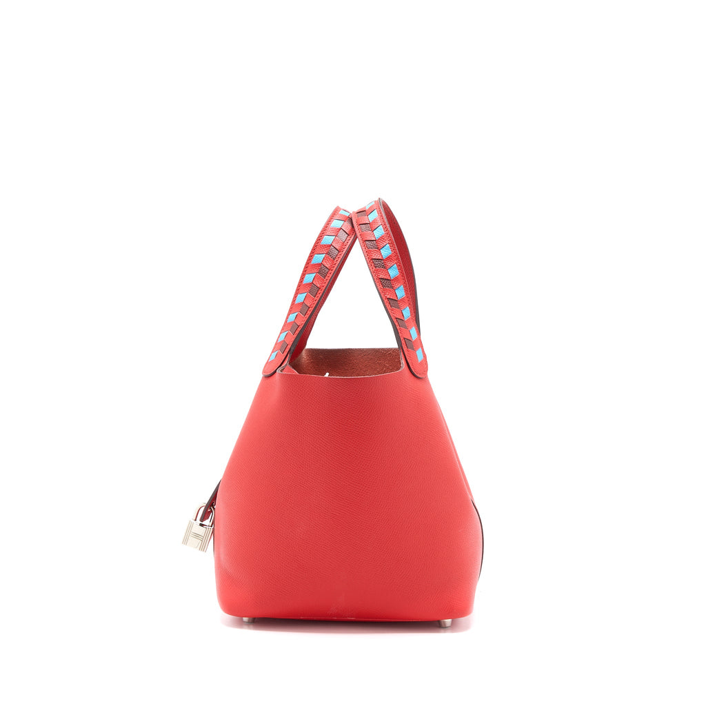HERMES PICOTIN 18 LOCK BAG EPSOM RED WITH MULTI COLOUR HANDLE SHW
