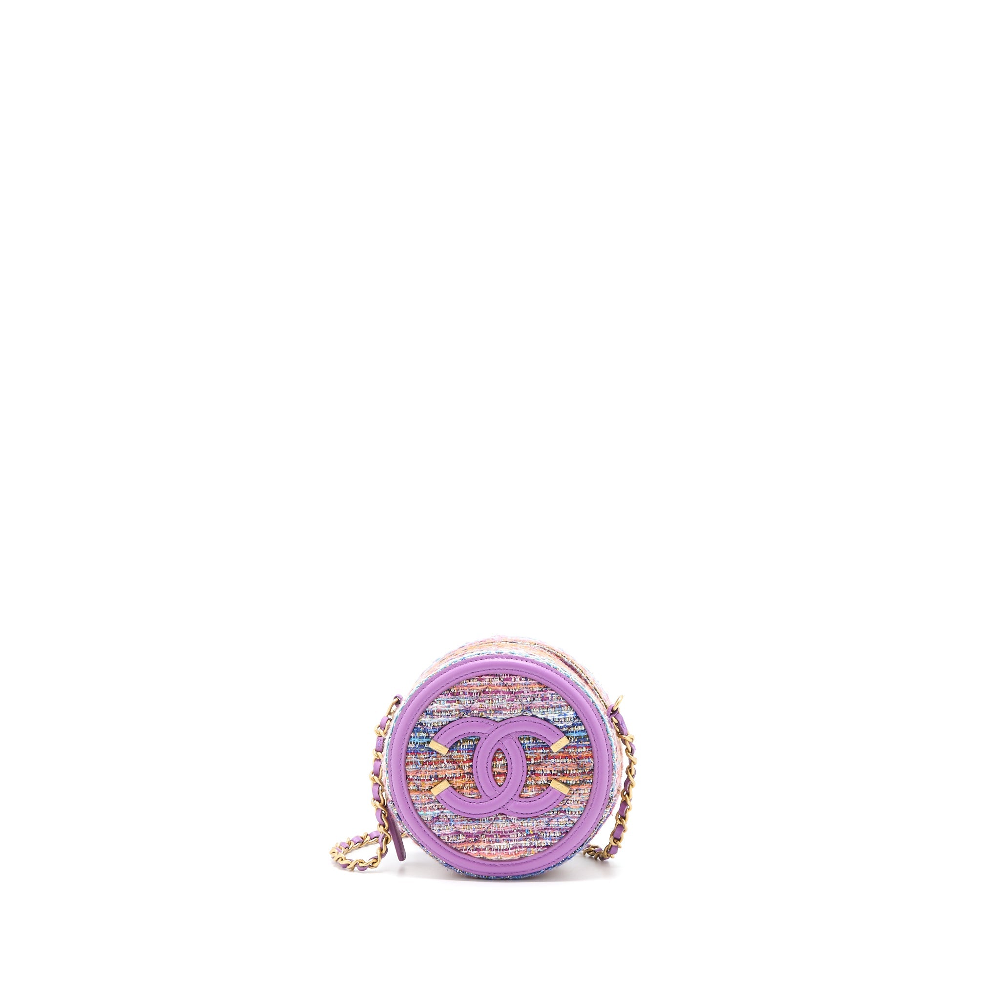 CHANEL ROUND CLUTCH WITH CHAIN LAMBSKIN/TWEED MULTICOLOUR GHW