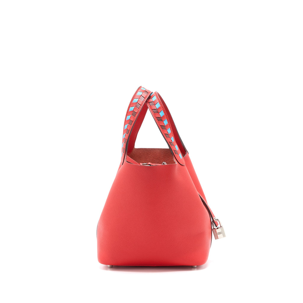 HERMES PICOTIN 18 LOCK BAG EPSOM RED WITH MULTI COLOUR HANDLE SHW
