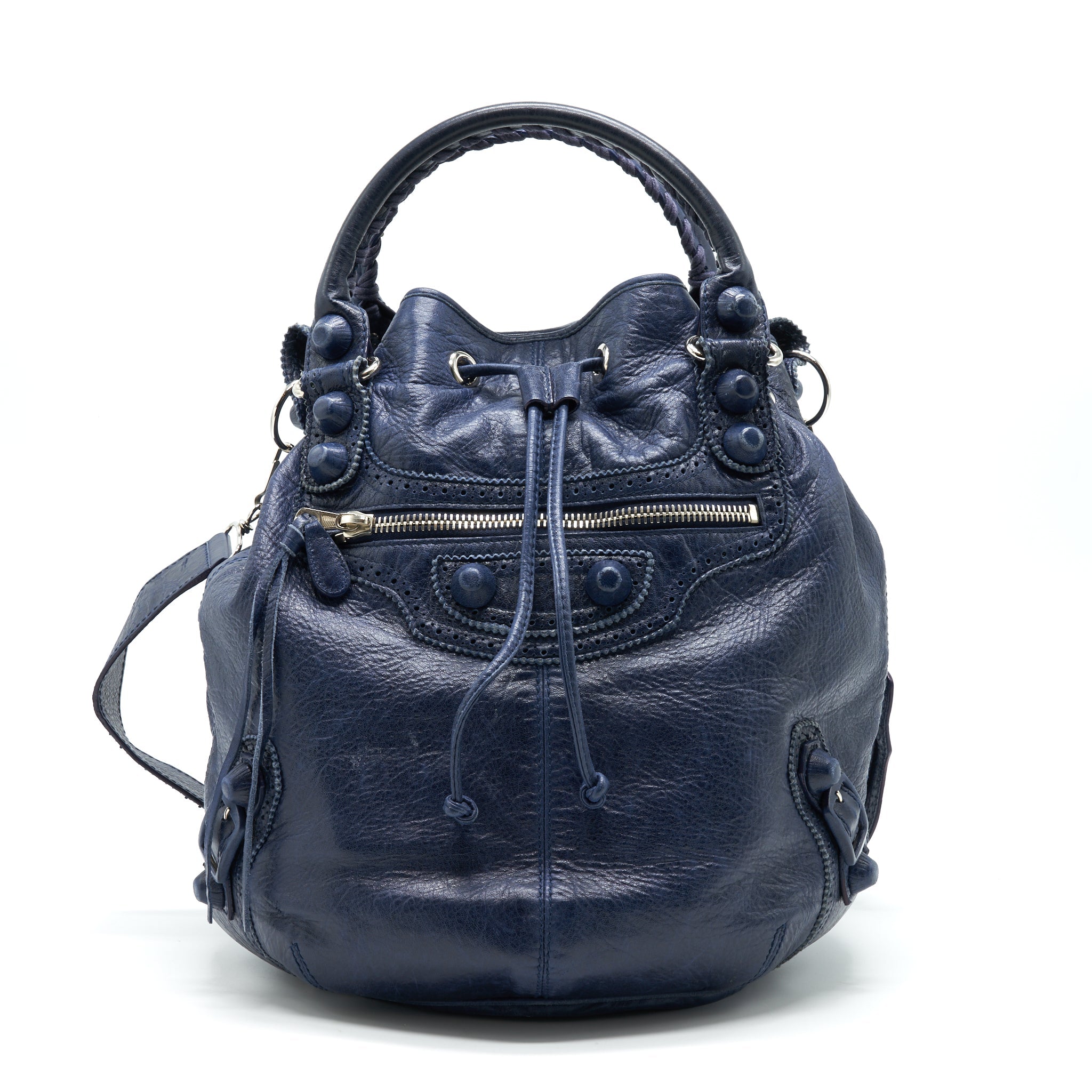 BALENCIAGA GIANT POMPON BUCKET BAG NAVY