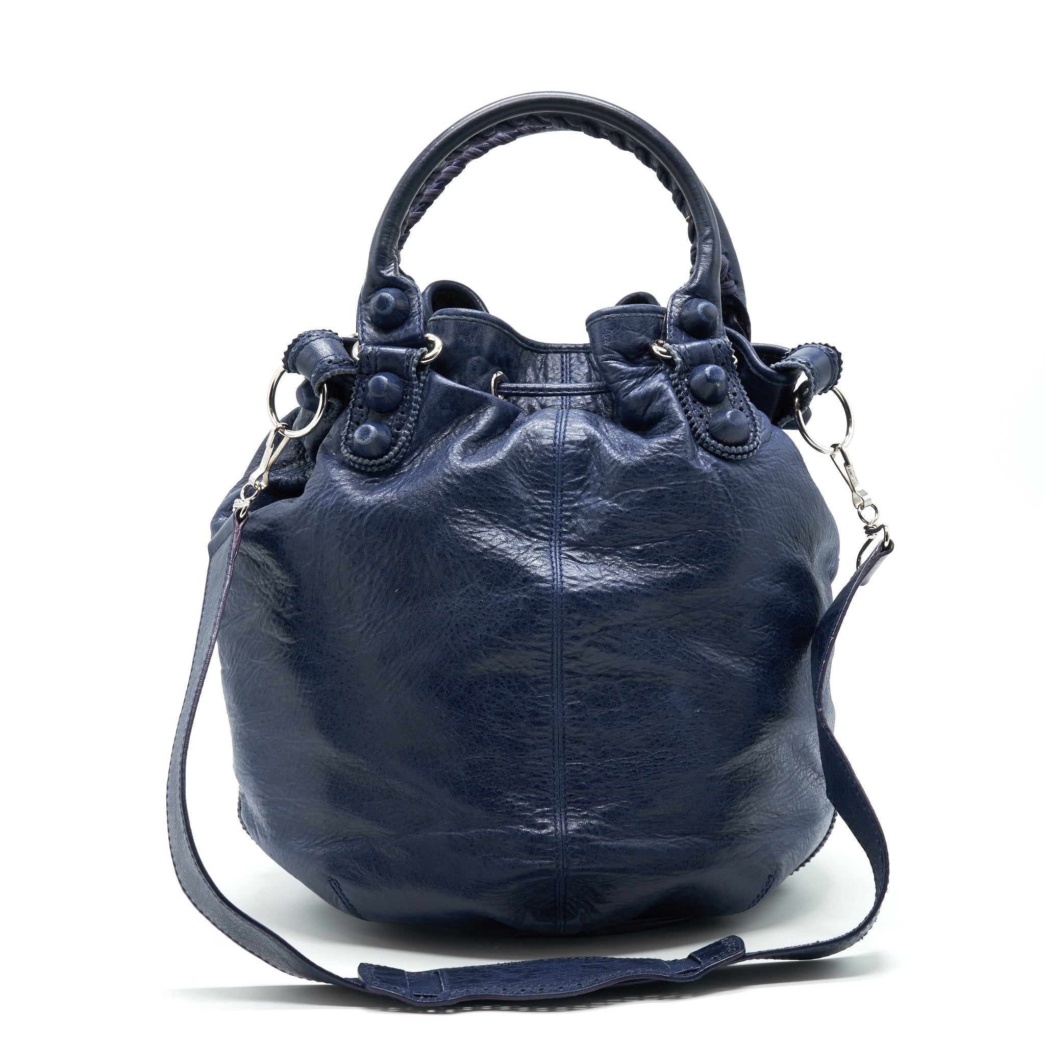 BALENCIAGA GIANT POMPON BUCKET BAG NAVY