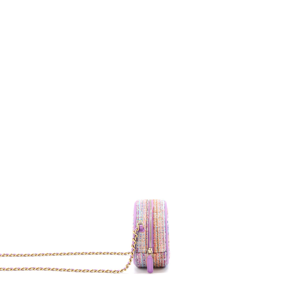 CHANEL ROUND CLUTCH WITH CHAIN LAMBSKIN/TWEED MULTICOLOUR GHW