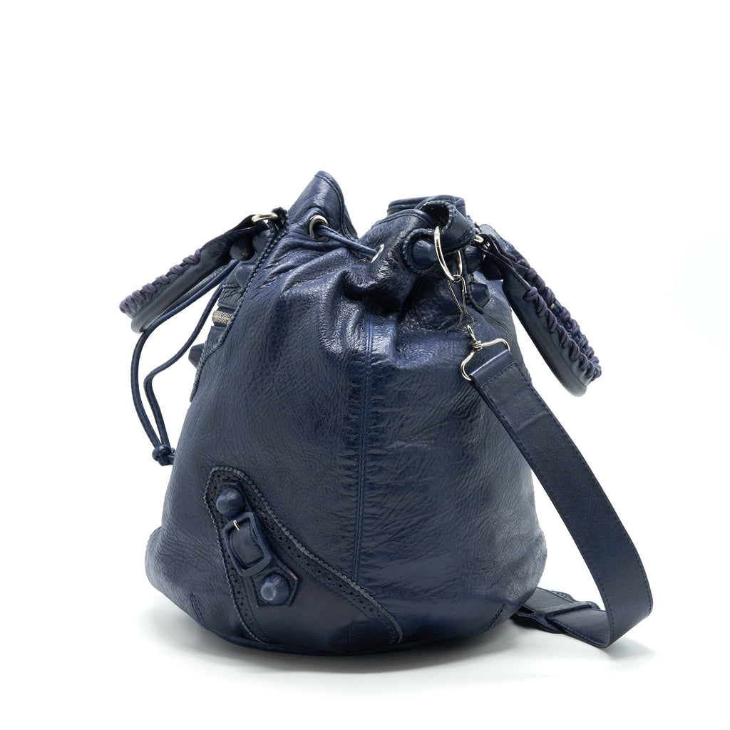 BALENCIAGA GIANT POMPON BUCKET BAG NAVY