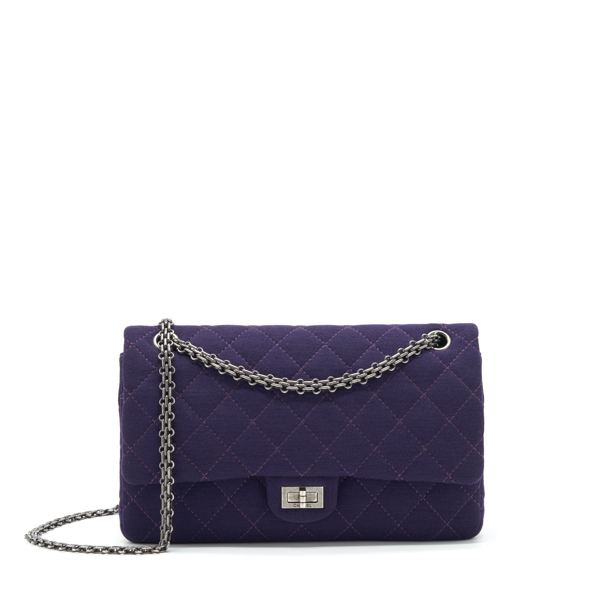 CHANEL 2.55 REISSUE 226 DOUBLE FLAP BAG FABRIC PURPLE RUTHENIUM SLIVER HARDWARE