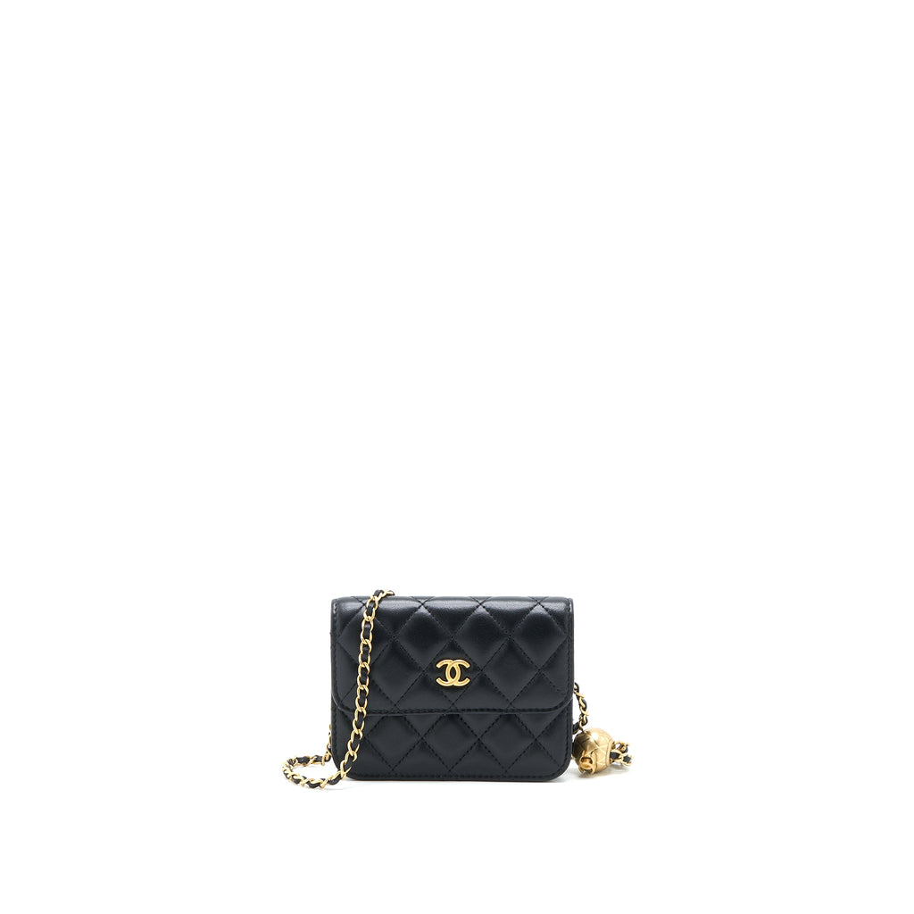 CHANEL PEARL CRUSH MINI FLAP BELT BAG WITH CHAIN LAMBSKIN BLACK BRUSHED GHW