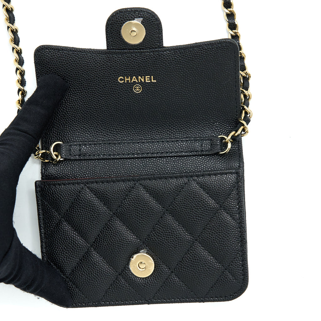 CHANEL MINI FLAP CARD HOLDER WITH CHAIN CAVIAR BLACK LGHW