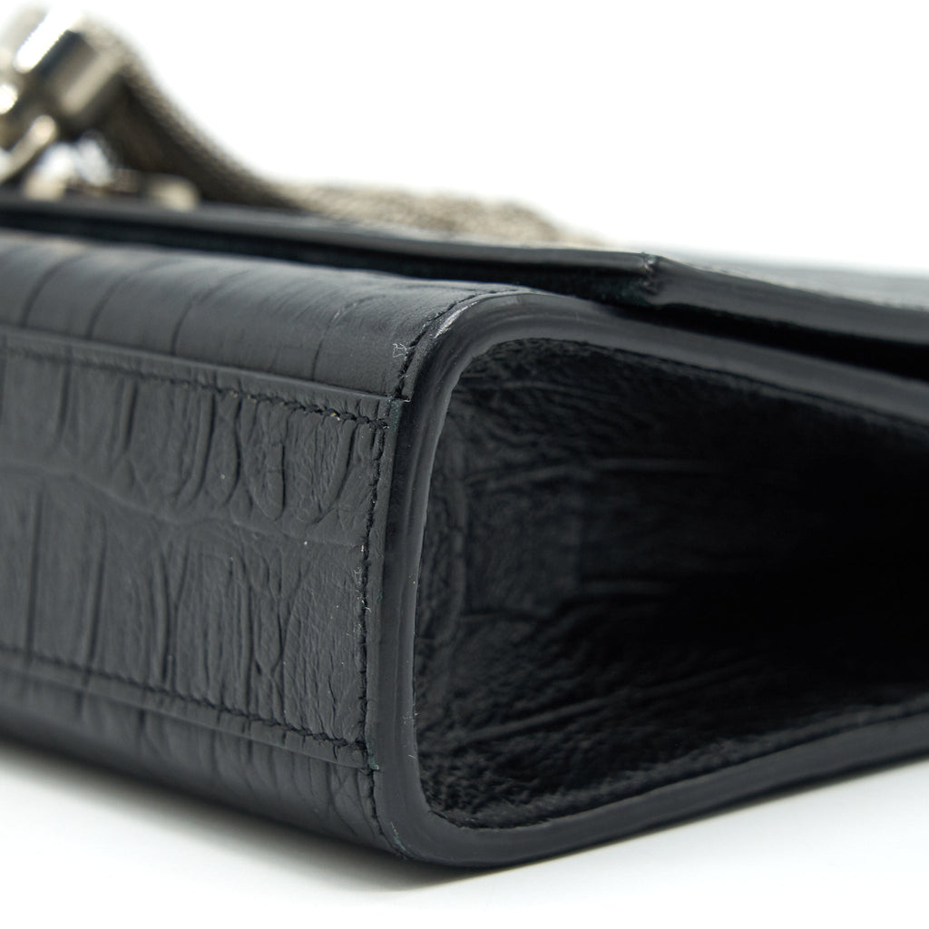 SAINT LAURENT MEDIUM KATE WITH TASSEL CROC EMBOSSED CALFSKIN BLACK SHW