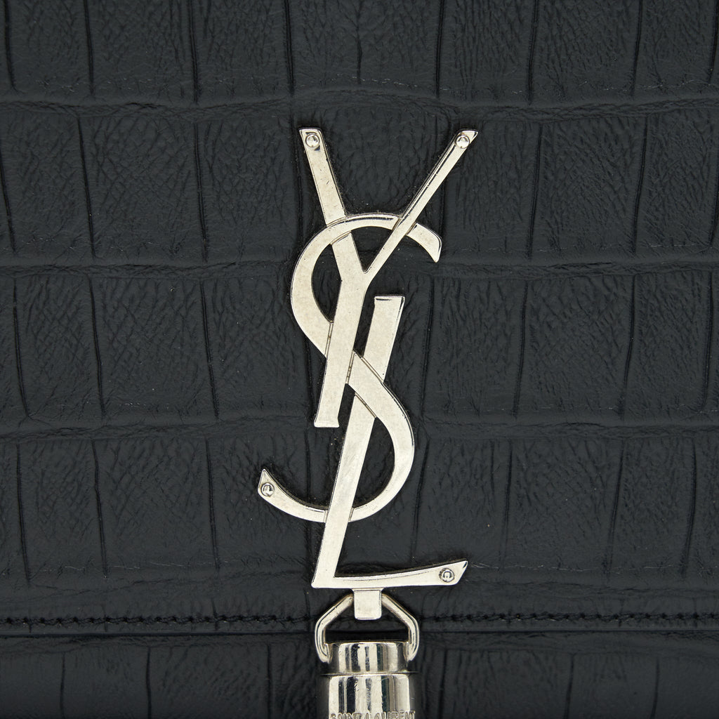 SAINT LAURENT MEDIUM KATE WITH TASSEL CROC EMBOSSED CALFSKIN BLACK SHW