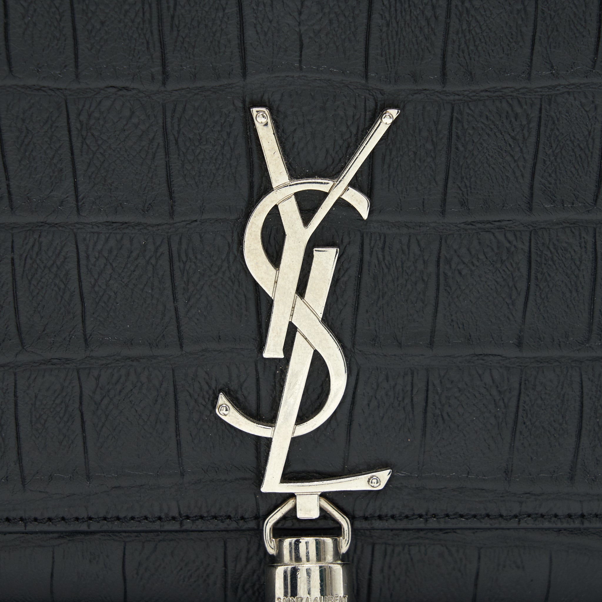 SAINT LAURENT MEDIUM KATE WITH TASSEL CROC EMBOSSED CALFSKIN BLACK SHW