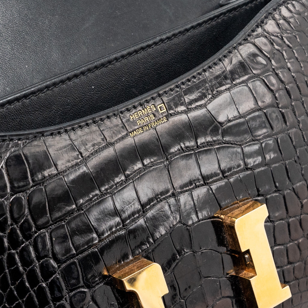 HERMES MINI CONSTANCE ALLIGATOR MISSISSIPPIENSIS SHINY BLACK GHW