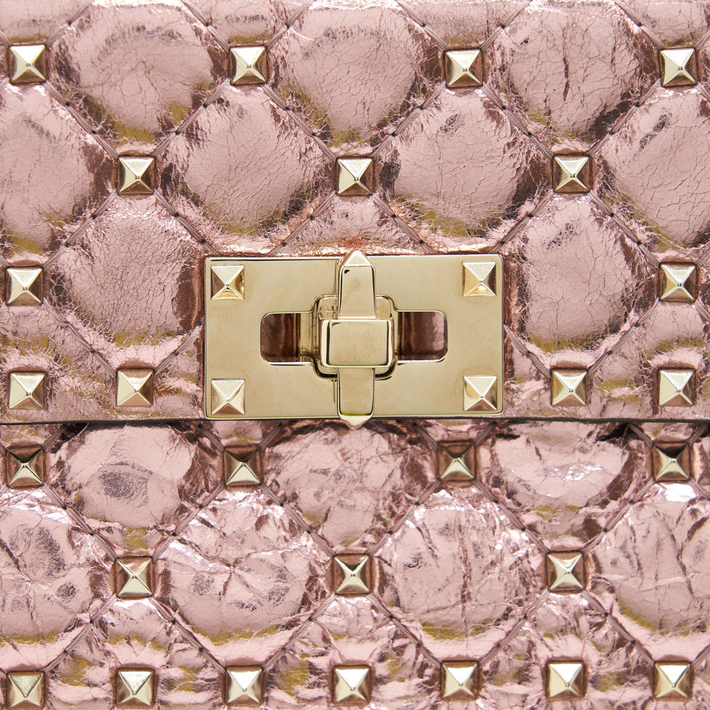 VALENTINO GARAVANI ROCKSTUD SPIKE SMALL LEATHER SHOULDER BAG METALLIC PINK LGHW
