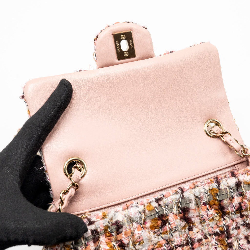 CHANEL 23K MINI RECTANGULAR FLAP BAG TWEED PINK / MULTICOLOUR LGHW (MICROCHIP)