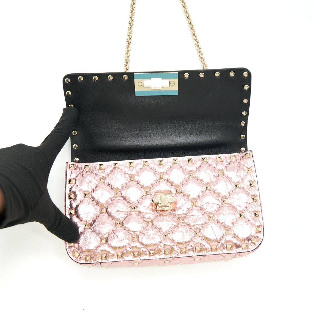VALENTINO GARAVANI ROCKSTUD SPIKE SMALL LEATHER SHOULDER BAG METALLIC PINK LGHW