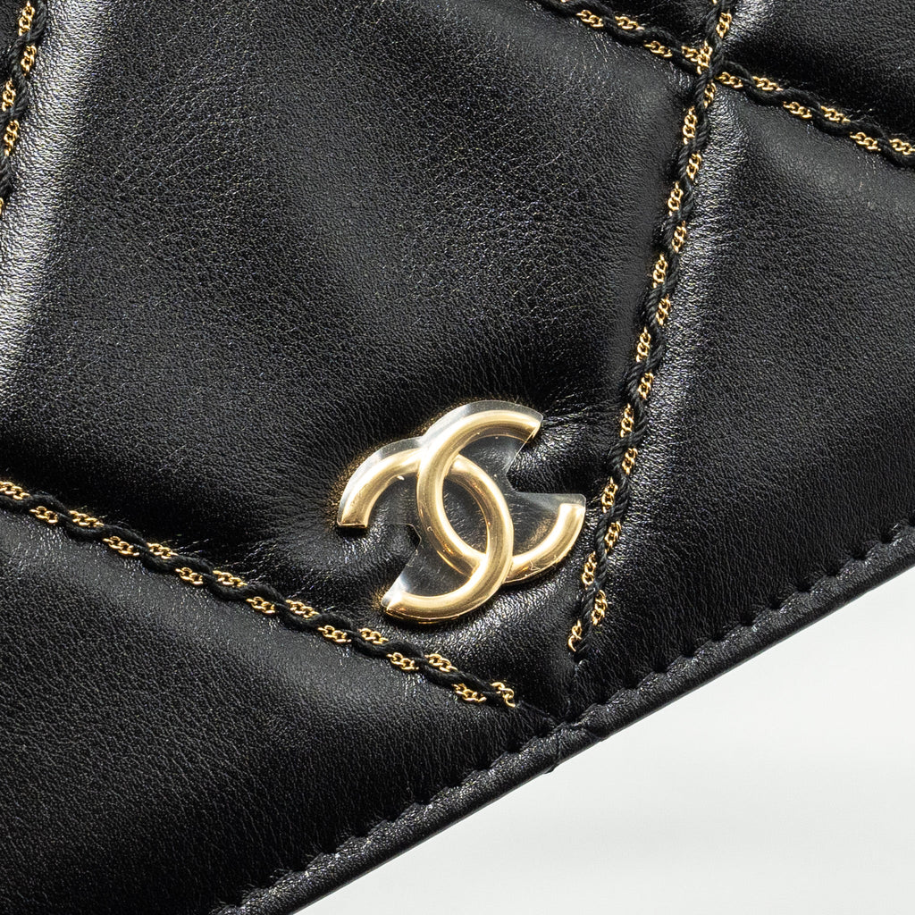 CHANEL QUILTED WALLET ON CHAIN SHINY CALFSKIN BLACK GHW (MICROCHIP)