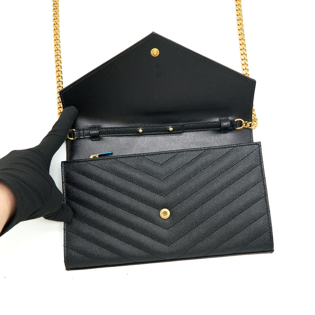 SAINT LAURENT ENVELOPE CHAIN CROSSBODY BAG GRAINED CALFSKIN BLACK GHW