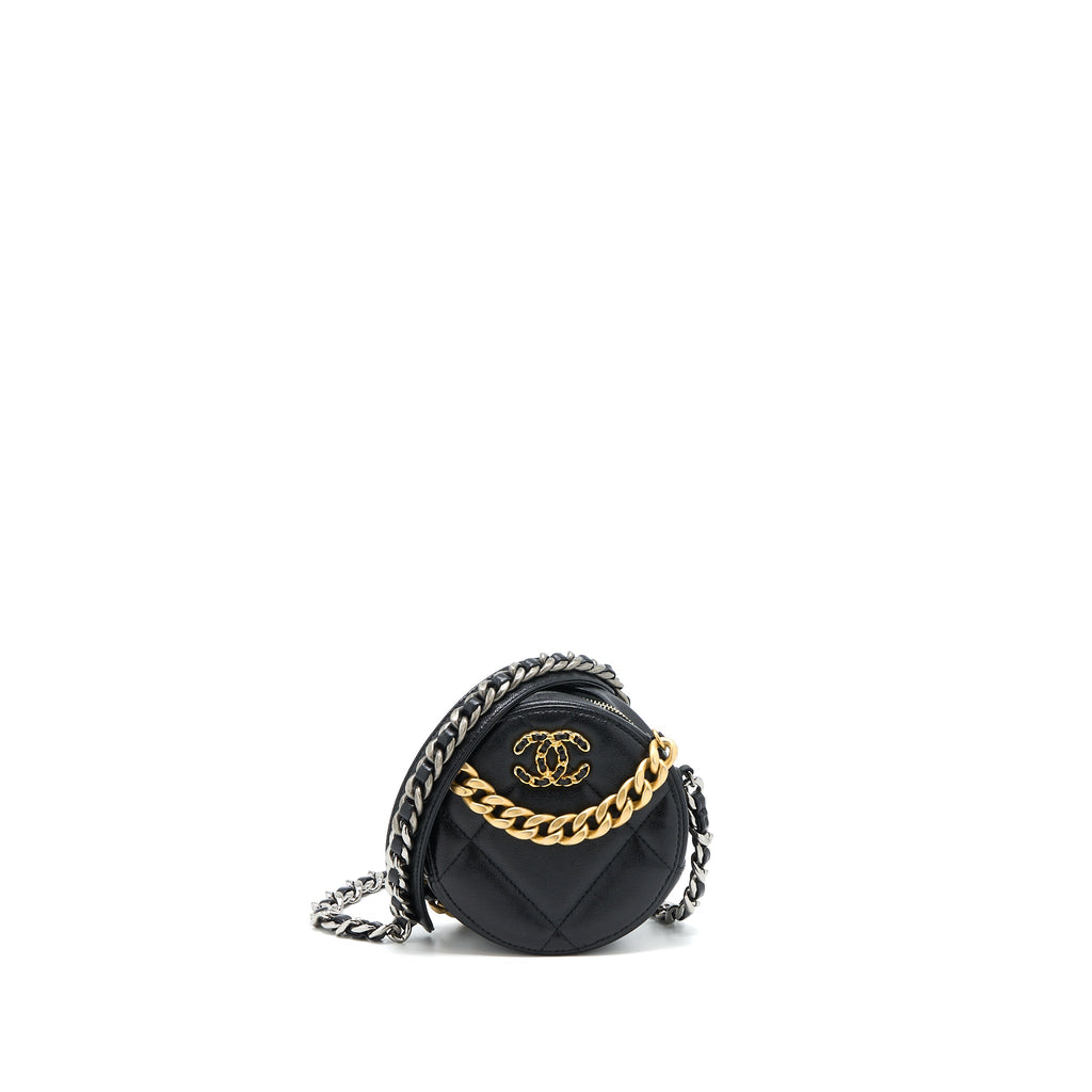 CHANEL 19 ROUND CLUTCH WITH CHAIN GOATSKIN BLACK MULTICOLOUR HARDWARE