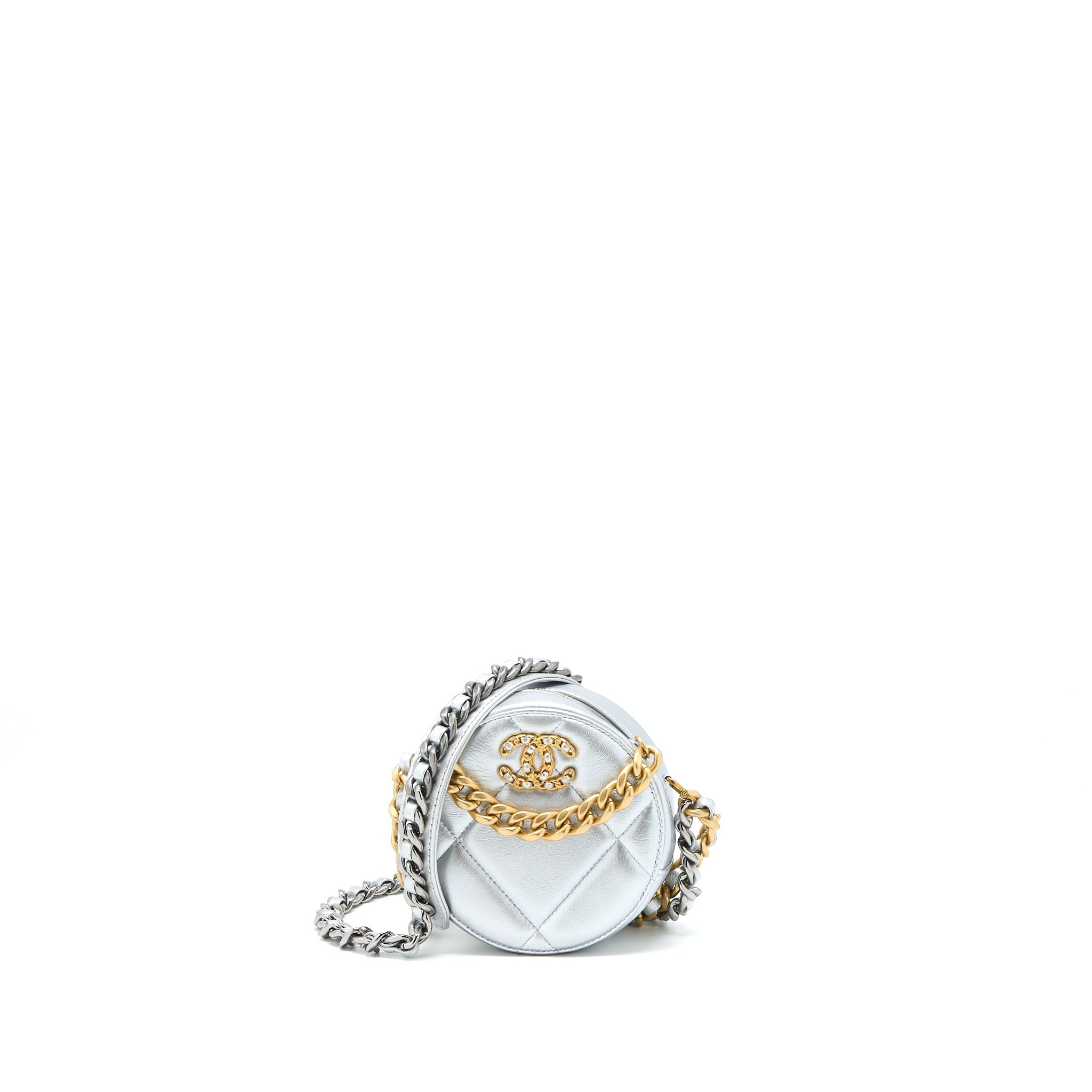 CHANEL 19 ROUND CLUTCH WITH CHAIN GOATSKIN SILVER MULTICOLOUR HARDWARE