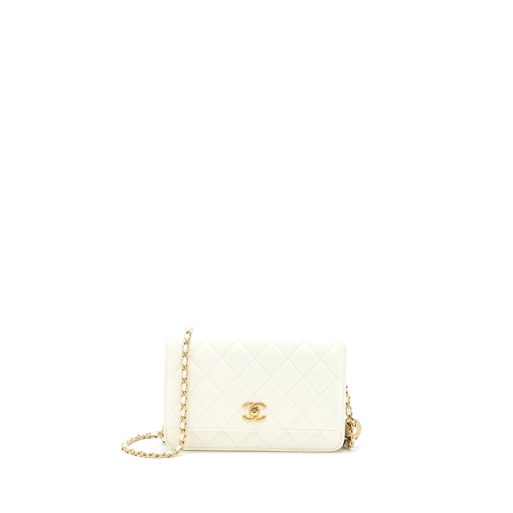 CHANEL PEARL CRUSH WALLET ON CHAIN LAMBSKIN WHITE BRUSHED GHW (MICROCHIP)
