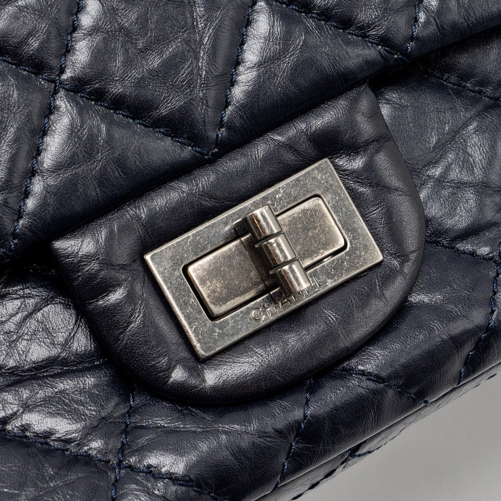 CHANEL MAXI 2.55 REISSUE FLAP BAG AGED CALFSKIN DARK BLUE RUTHENIUM HARDWARE