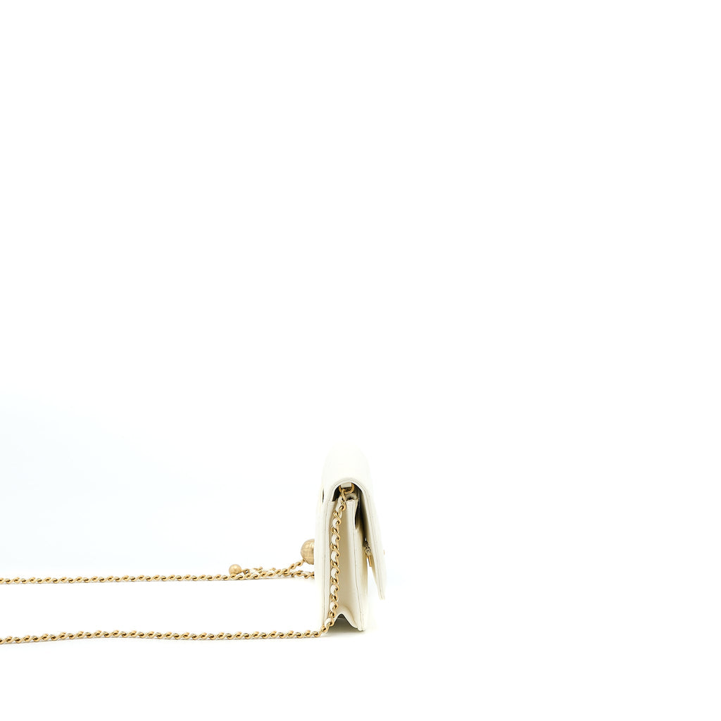 CHANEL PEARL CRUSH WALLET ON CHAIN LAMBSKIN WHITE BRUSHED GHW (MICROCHIP)