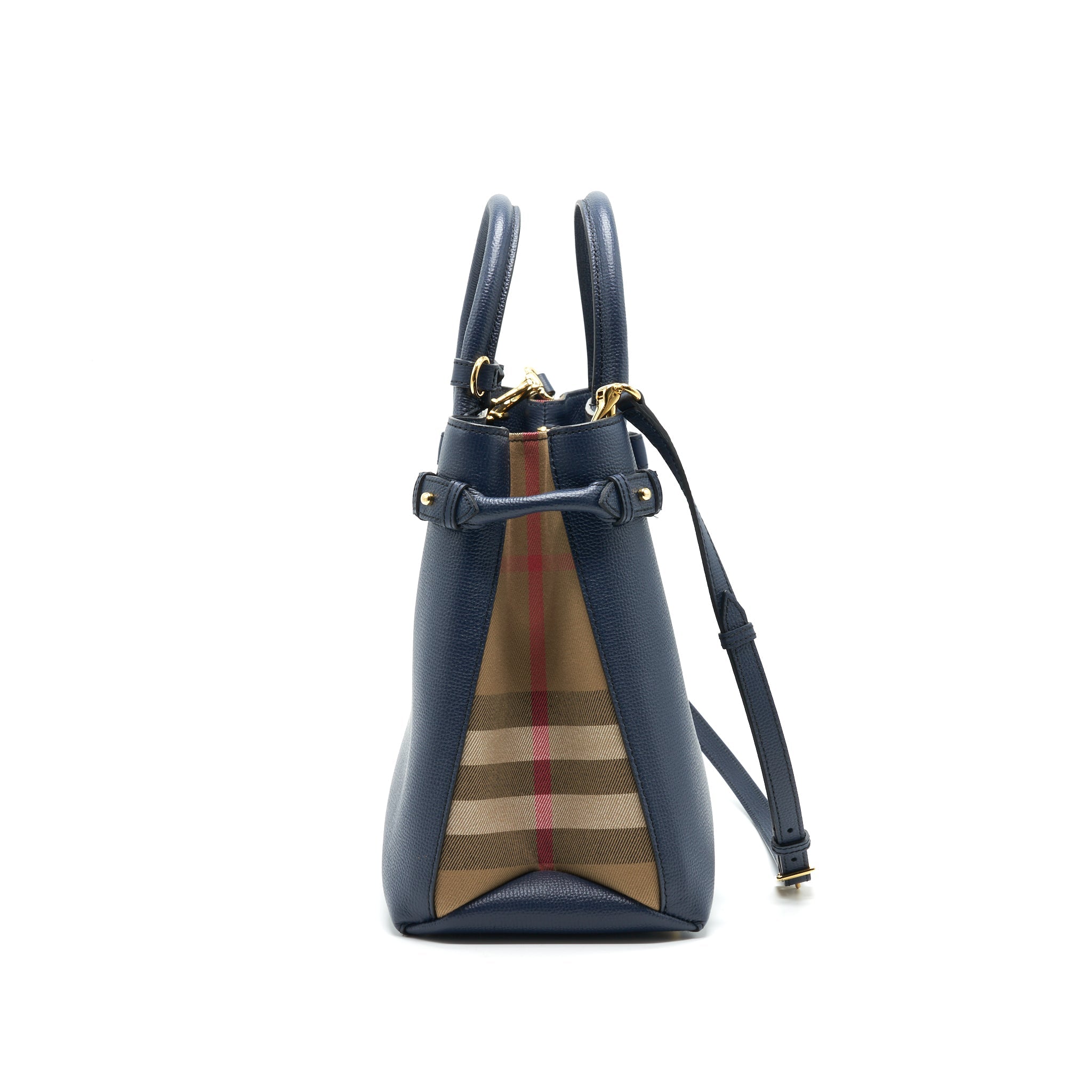 BURBERRY LEATHER/ CANVAS TOTE BAG NAVY