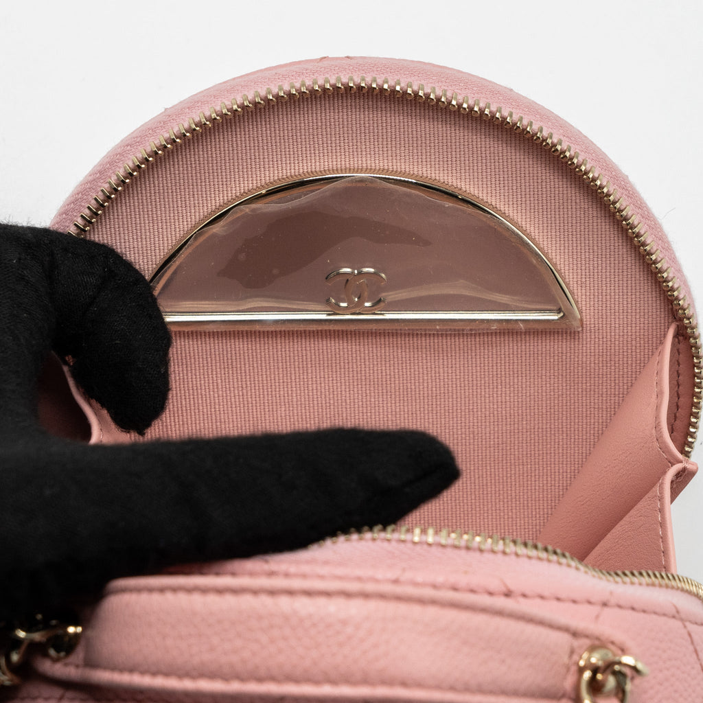 CHANEL TOP HANDLE MINI ROUND VANITY WITH CHAIN CAVIAR PINK LGHW