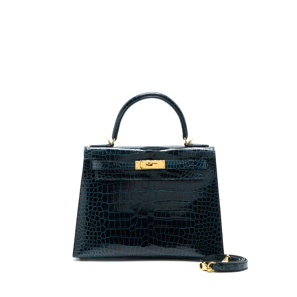 HERMES KELLY 28 CROCODILE POROUS KISSES V0 VERT ROUSSEAU GHW