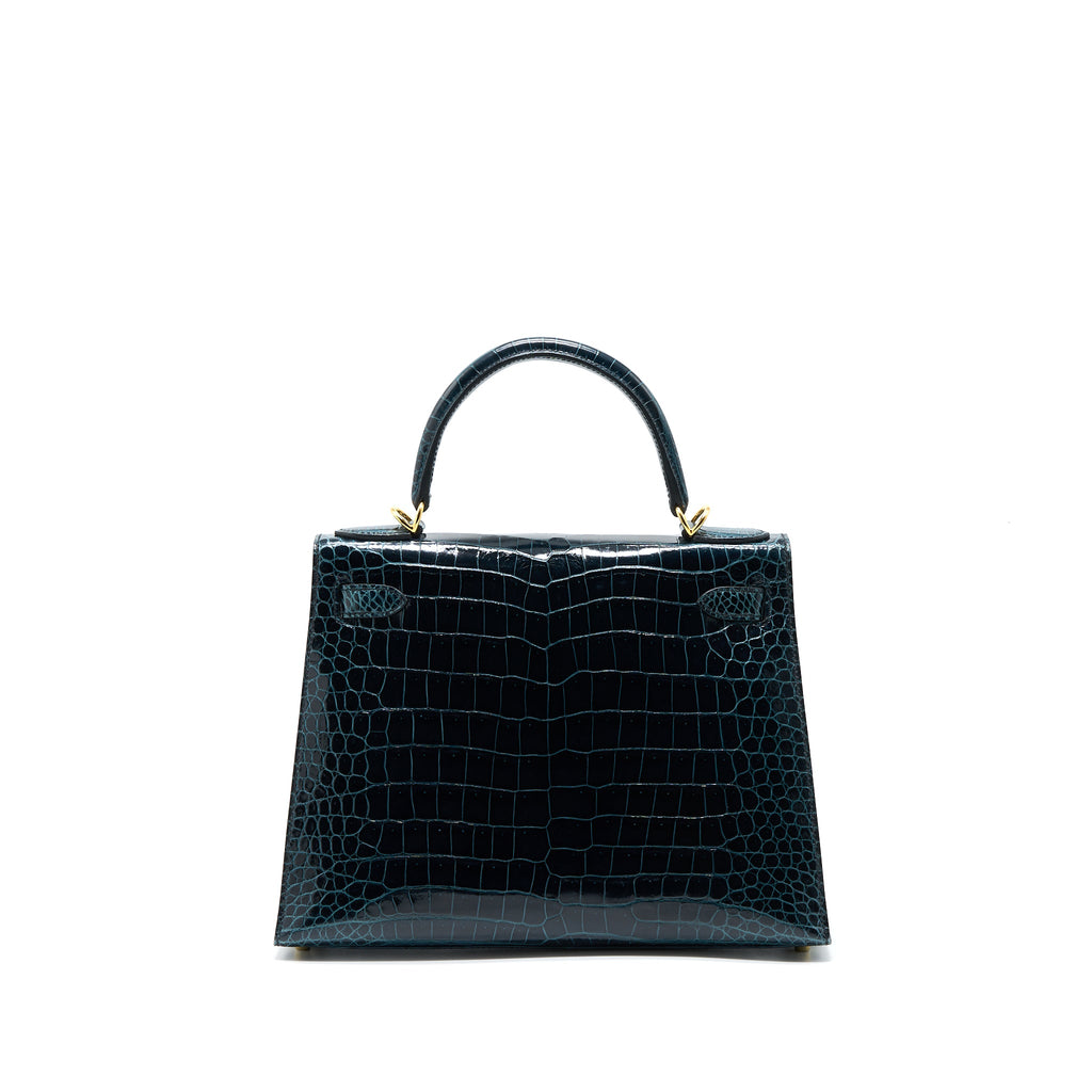 HERMES KELLY 28 CROCODILE POROUS KISSES V0 VERT ROUSSEAU GHW