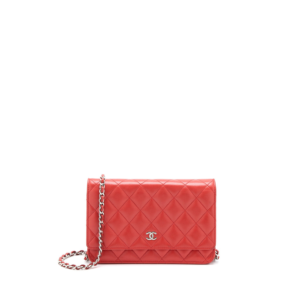 CHANEL CLASSIC WALLET ON CHAIN LAMBSKIN ORANGE RED SHW