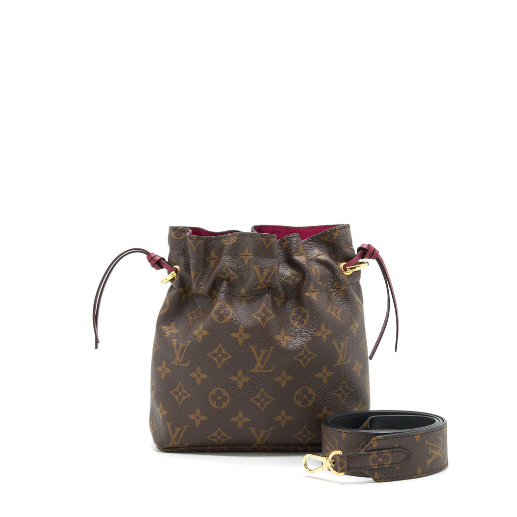 LOUIS VUITTON NOE POUCH MONOGRAM CANVAS / FUCHSIA WITH BANDOULIERE SHOULDER STRAP