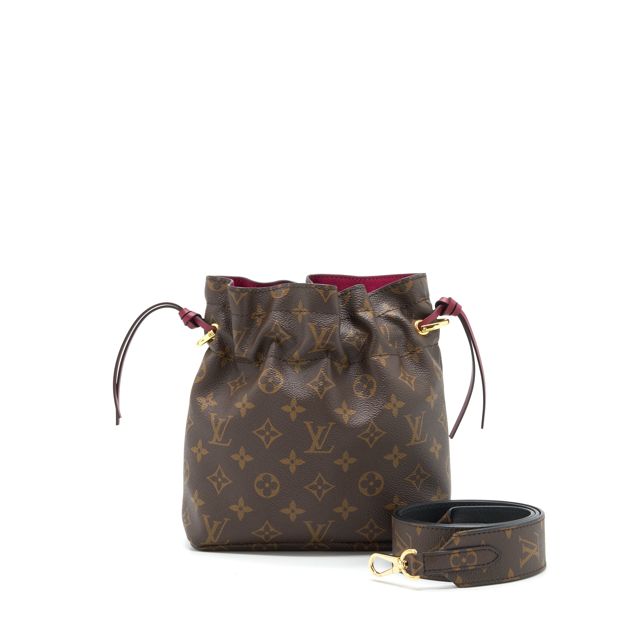 LOUIS VUITTON NOE POUCH MONOGRAM CANVAS / FUCHSIA WITH BANDOULIERE SHOULDER STRAP