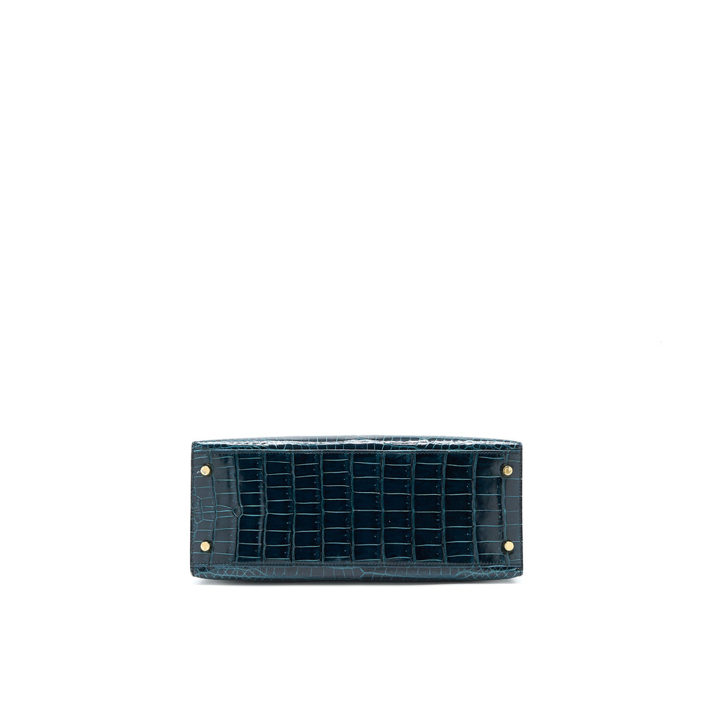 HERMES KELLY 28 CROCODILE POROUS KISSES V0 VERT ROUSSEAU GHW