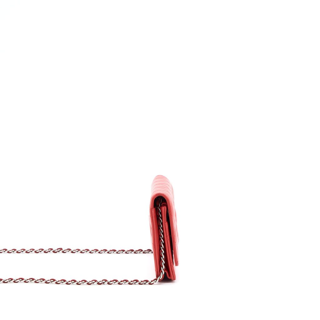 CHANEL CLASSIC WALLET ON CHAIN LAMBSKIN ORANGE RED SHW