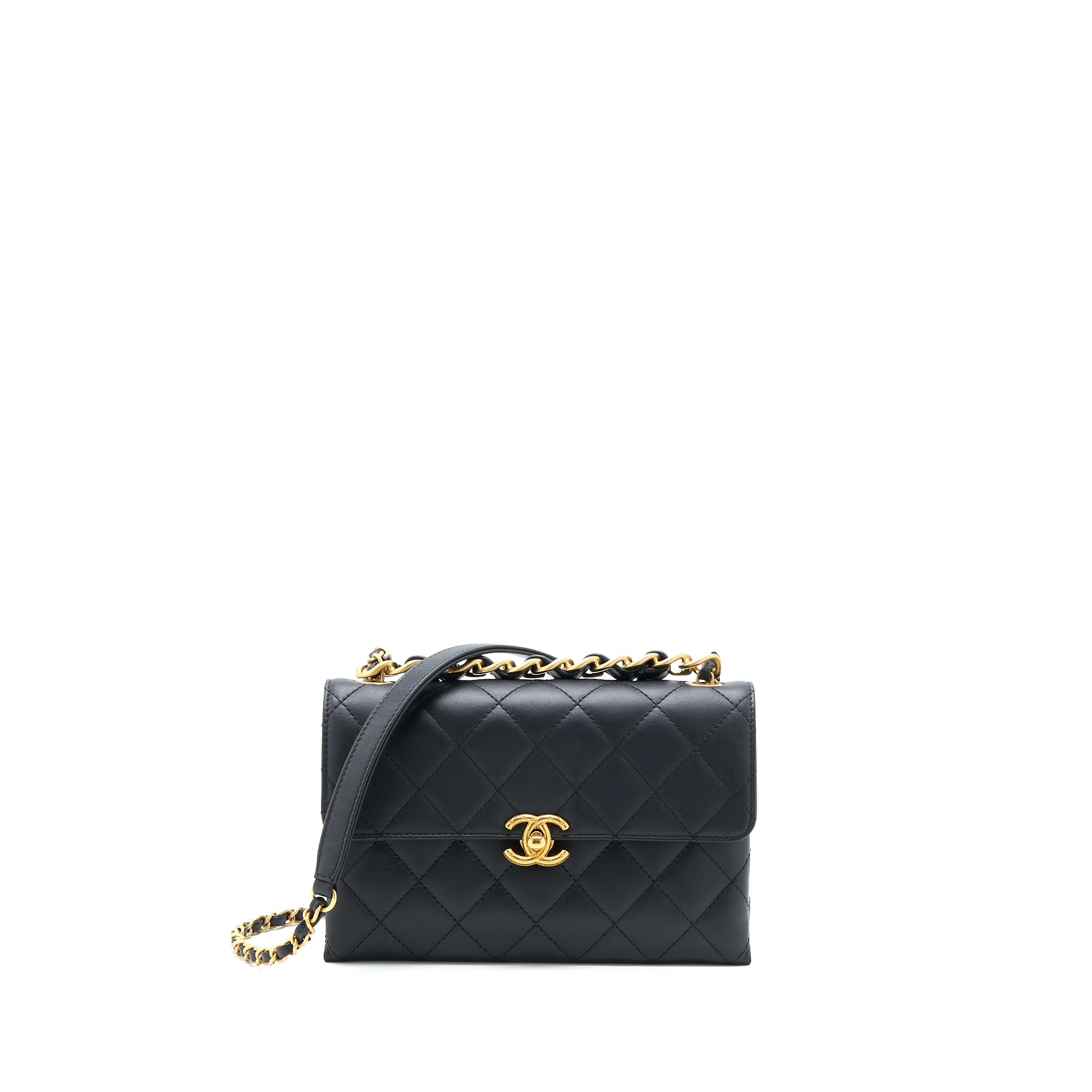 CHANEL HANDLE FLAP BAG CALFSKIN BLACK BRUSHED GHW (MICROCHIP)