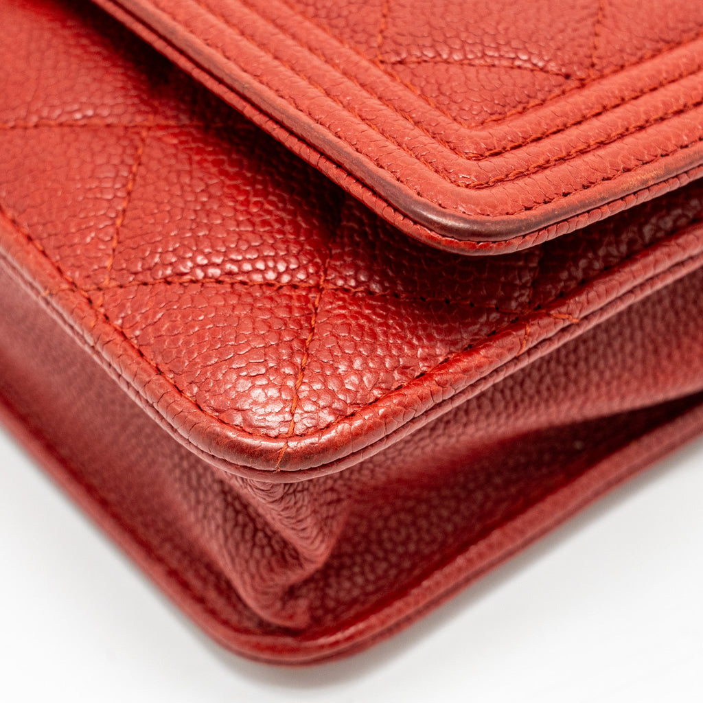 CHANEL BOY WALLET ON CHAIN CAVIAR RED RUTHENIUM SILVER HARDWARE