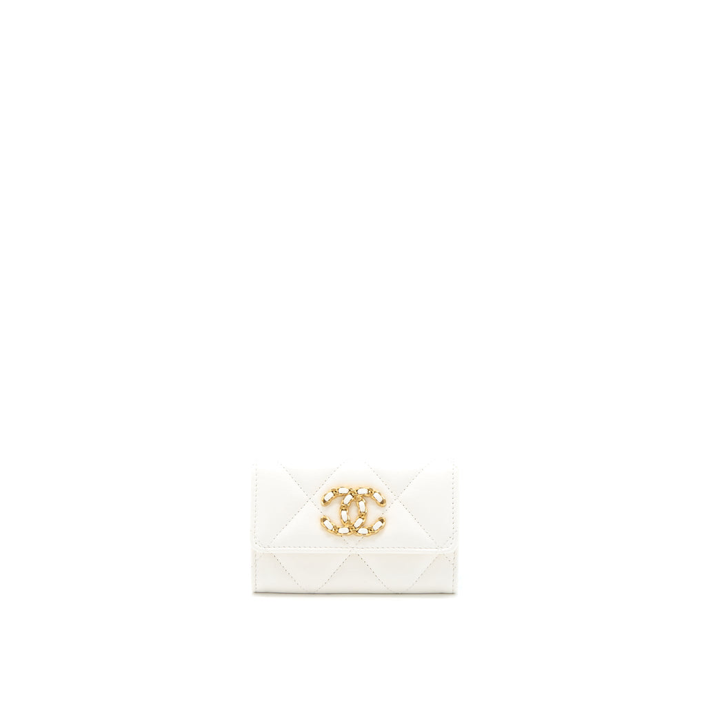 CHANEL 19 FLAP CARD HOLDER LAMBSKIN WHITE BRUSHED GHW (MICROCHIP)