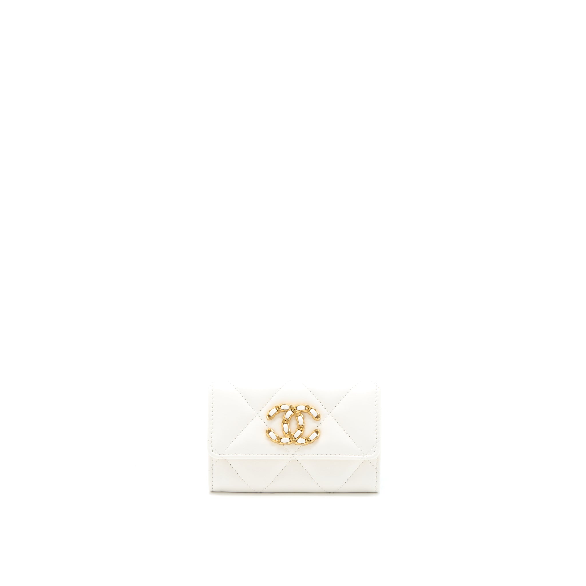 CHANEL 19 FLAP CARD HOLDER LAMBSKIN WHITE BRUSHED GHW (MICROCHIP)