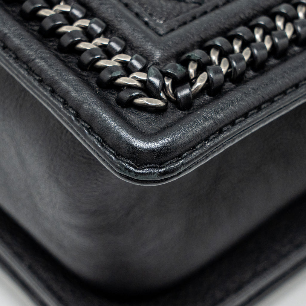 CHANEL TOP HANDLE BOY BAG LIMITED EDITION GRAINED CALFSKIN BLACK RUTHENIUM SILVER HARDWARE