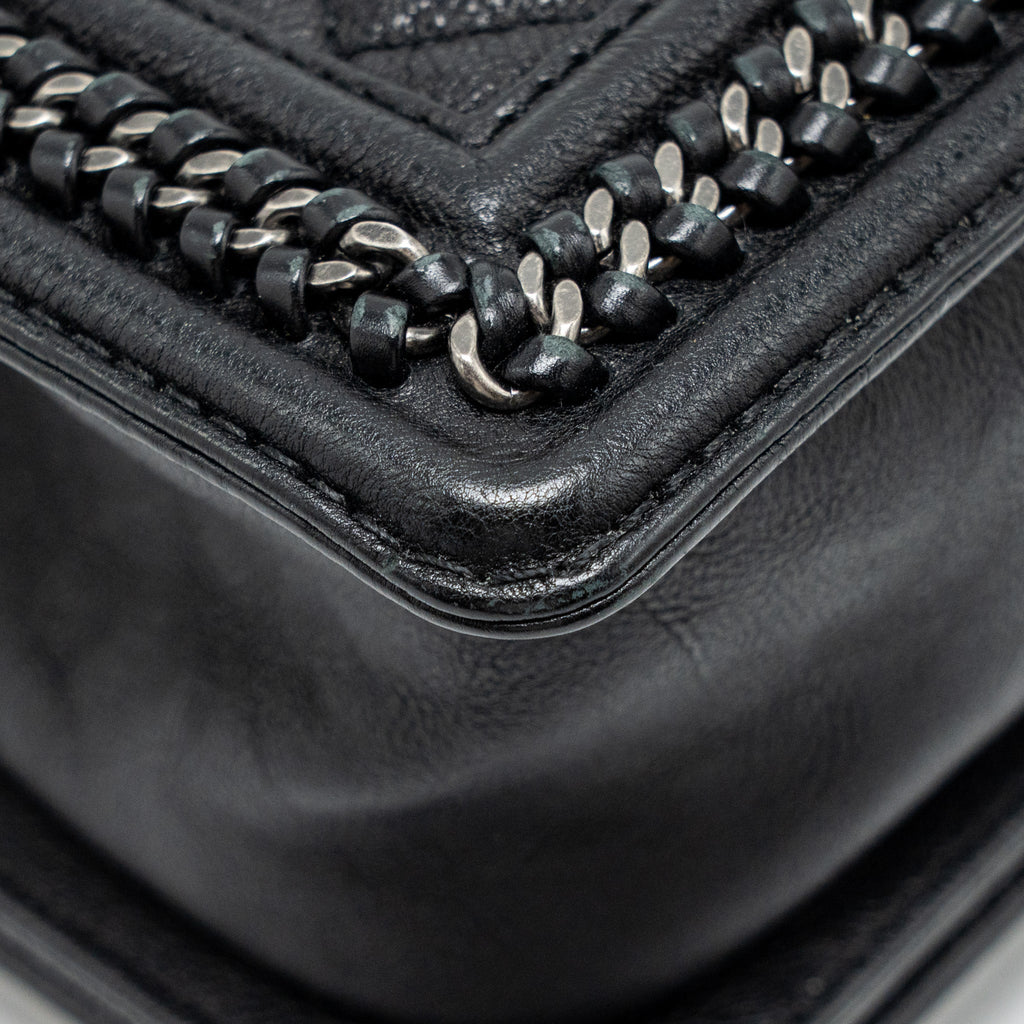 CHANEL TOP HANDLE BOY BAG LIMITED EDITION GRAINED CALFSKIN BLACK RUTHENIUM SILVER HARDWARE